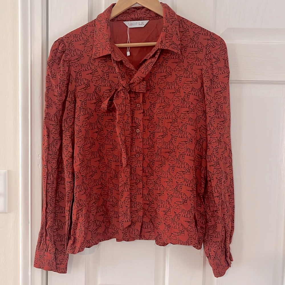 Tiger print orange blouse with tie